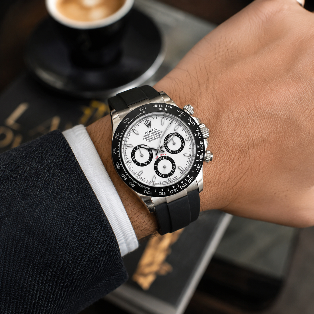 Rolex Daytona Style Black Rubber Strap Chronograph Watch for Men