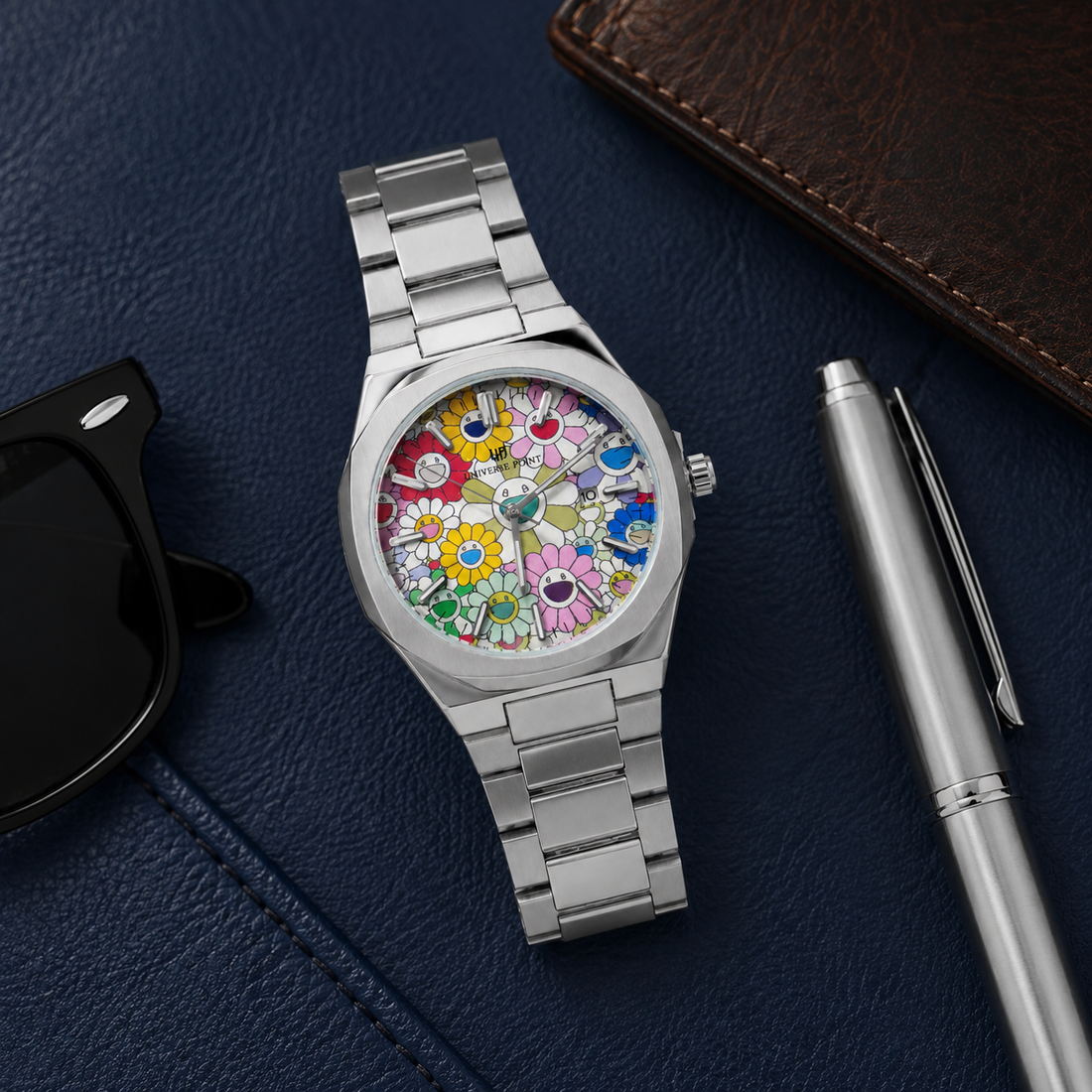 Universe Point Colorful Floral Dial Stainless Steel Watch for Men
