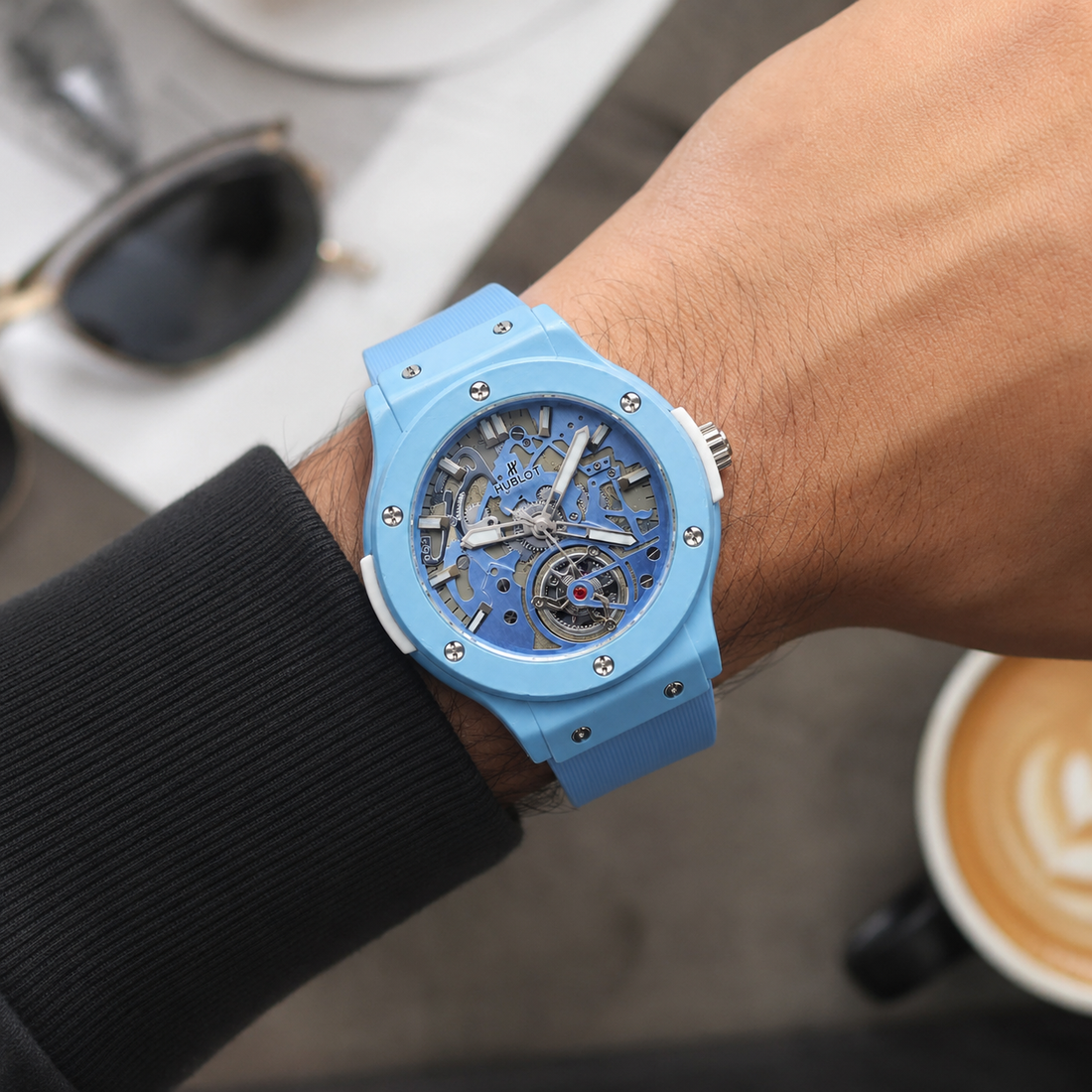 Hublot Sky Blue Skeleton Dial Rubber Strap Watch for Men