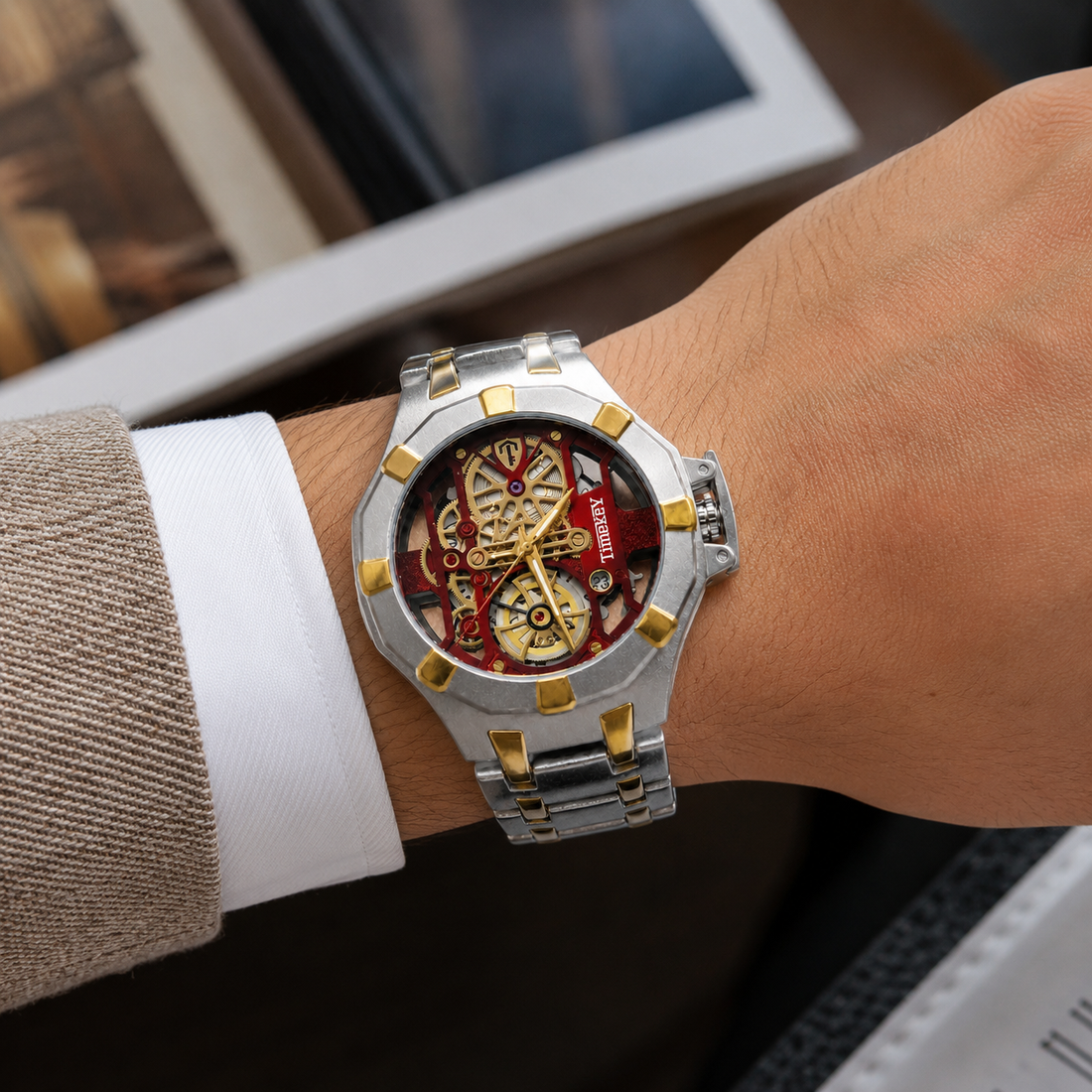 TIMEKEY Two Tone Skeleton Dial Stainless Steel Watch for Men