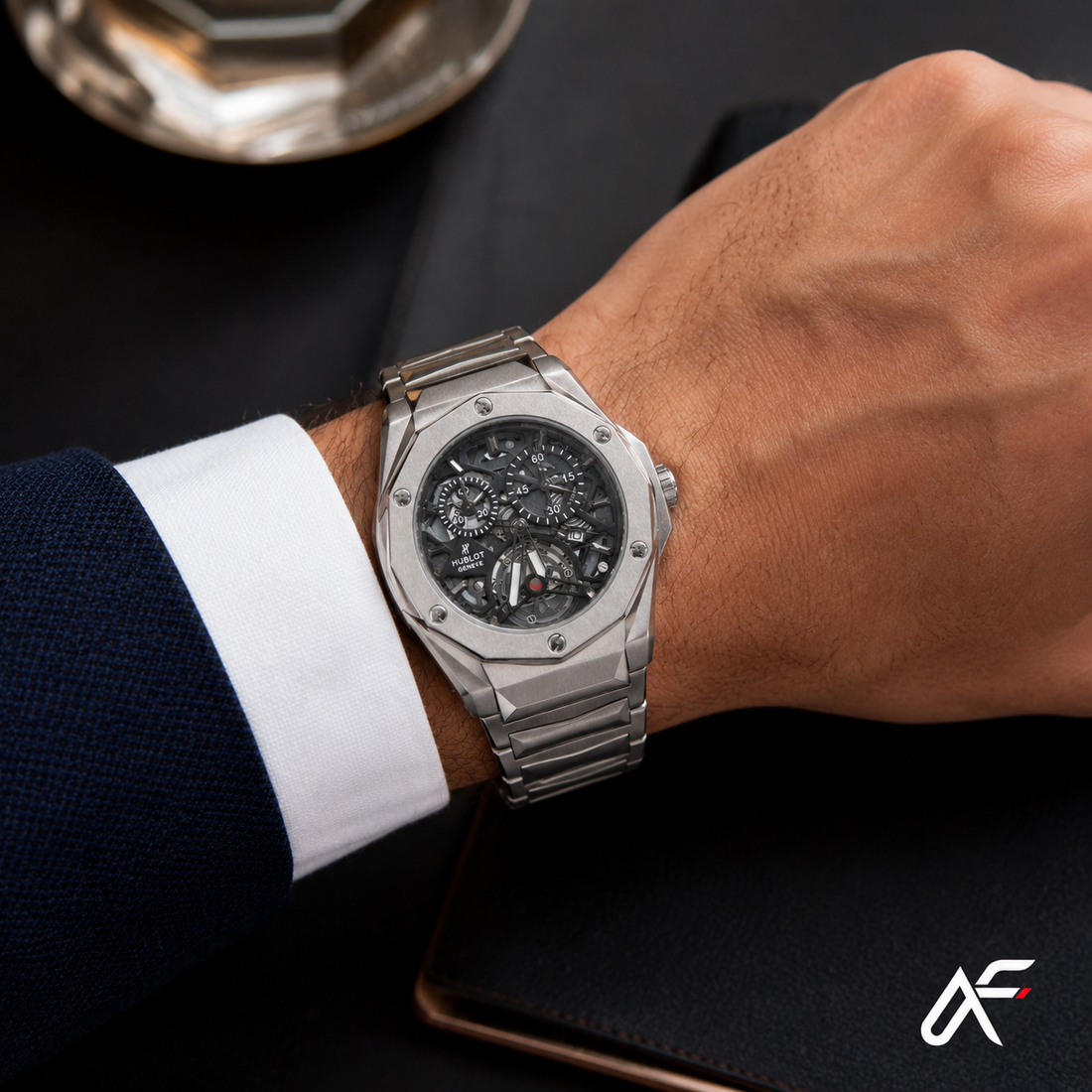 Hublot Geneve Silver Skeleton Dial Stainless Steel Watch for Men