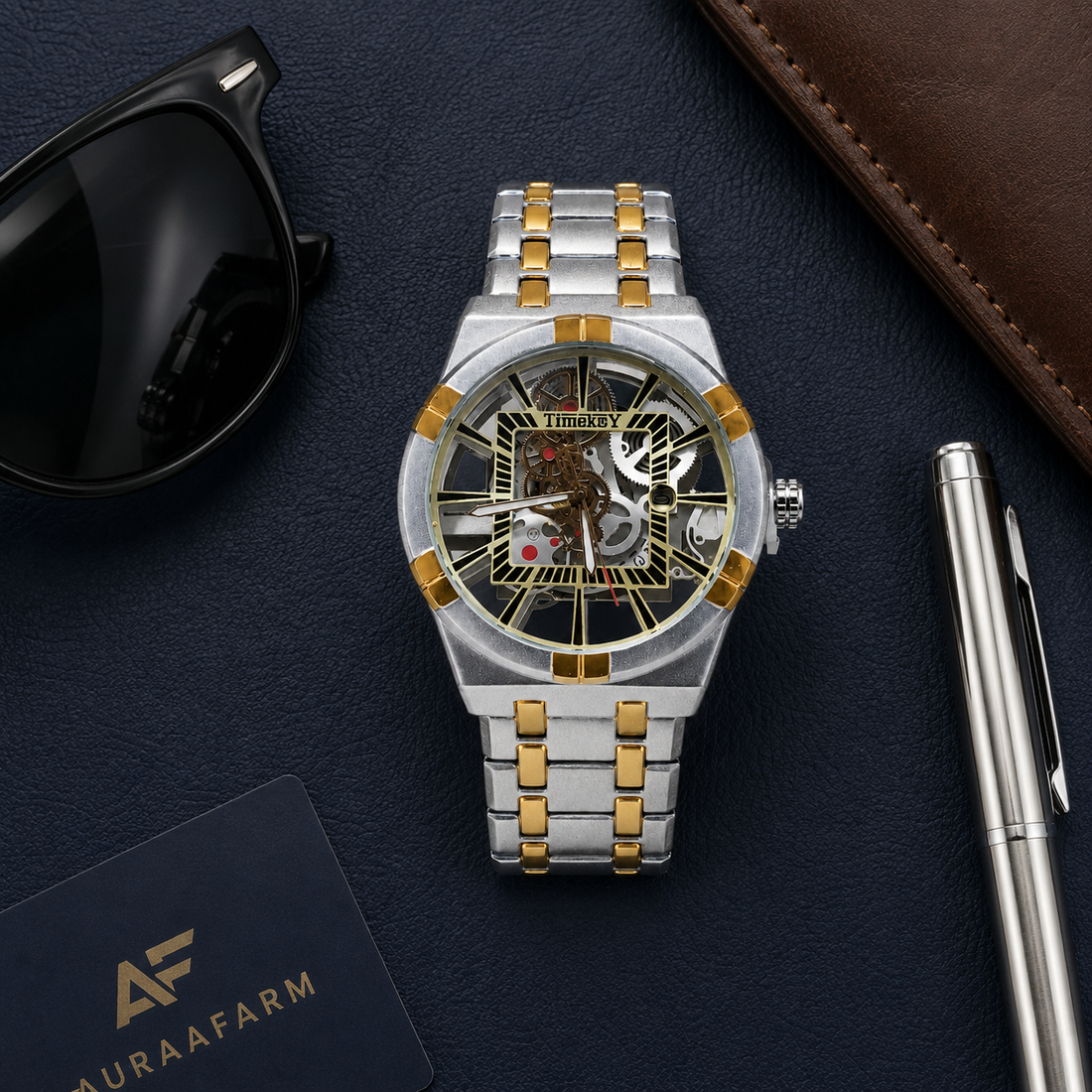 TIMEKEY Two Tone Open Skeleton Stainless Steel Watch for Men