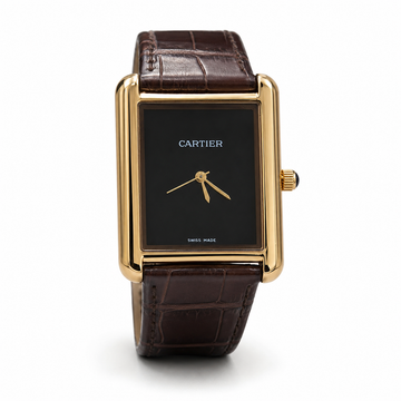 Cartier Tank Style Gold Case Black Dial Brown Leather Strap Watch for Men