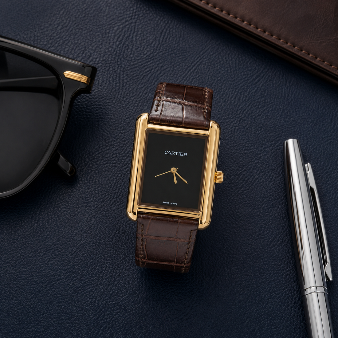 Cartier Tank Style Gold Case Black Dial Brown Leather Strap Watch for Men