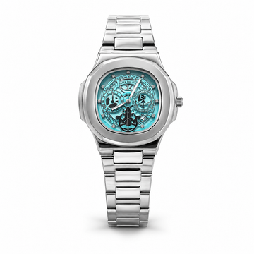 Patek Philippe Style Silver Stainless Steel Turquoise Skeleton Watch for Men
