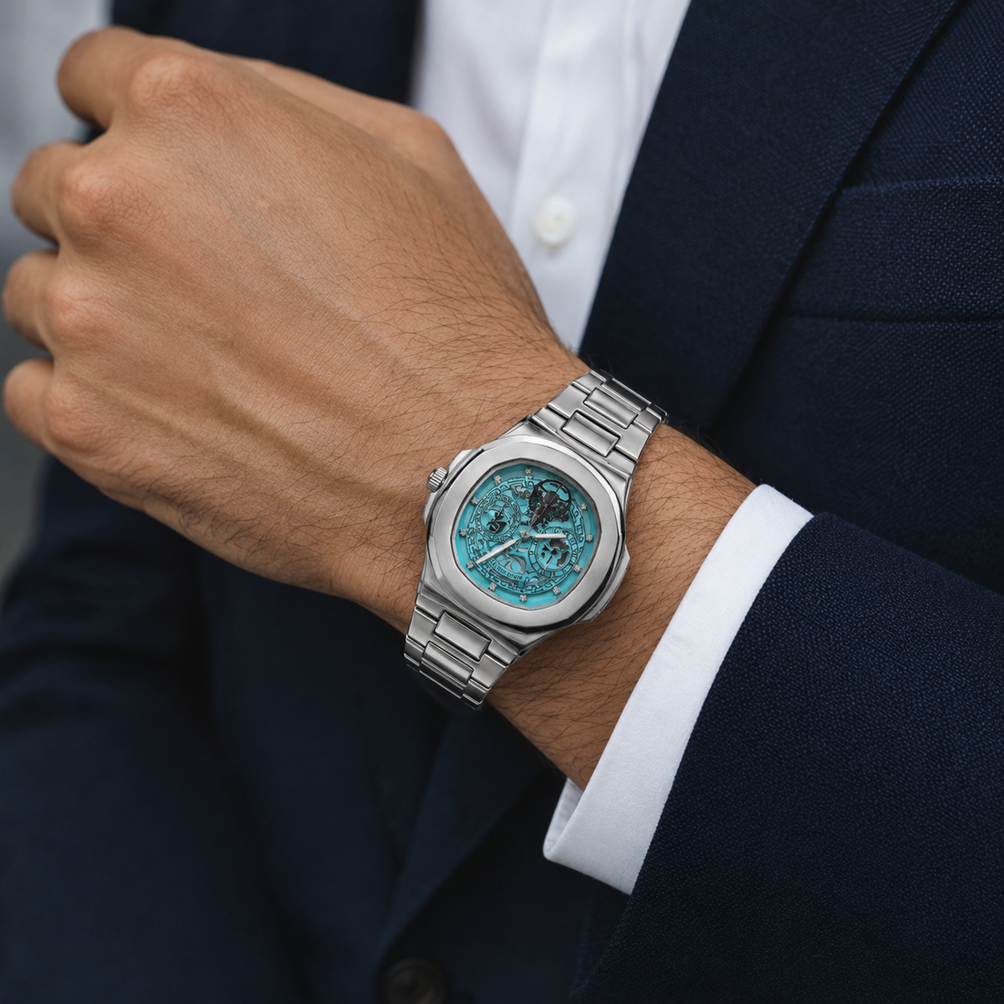 Patek Philippe Style Silver Stainless Steel Turquoise Skeleton Watch for Men